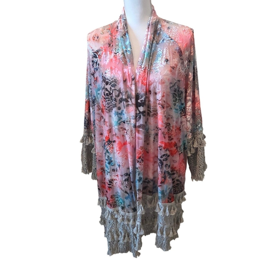 Indigo Thread Velvet Burnout Floral Kimono Cardigan Sheer Lace Tassel Women's M